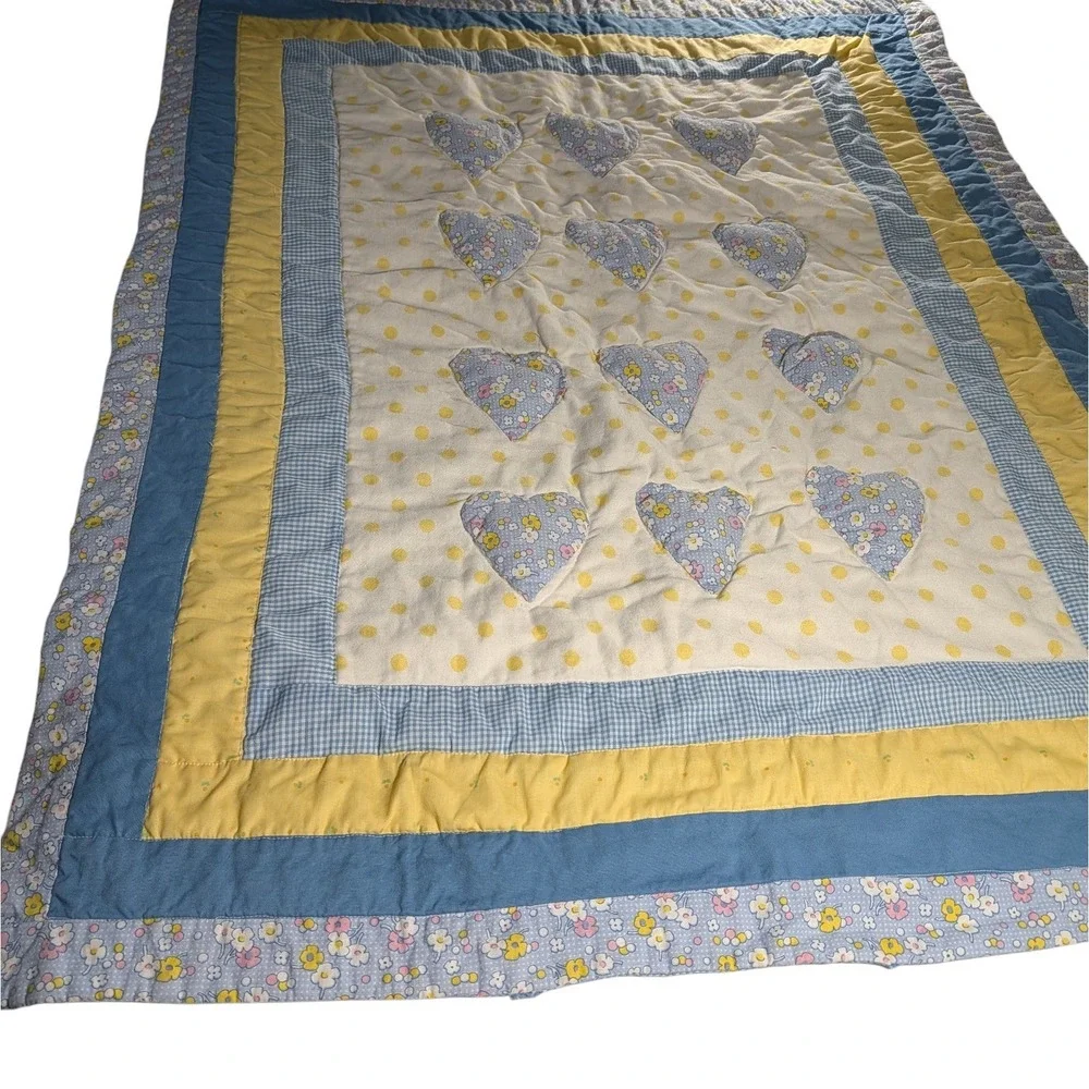 Handmade Baby Quilt Yellow Pink Blue Gingham Backing Raised Stuff Hearts Nursery